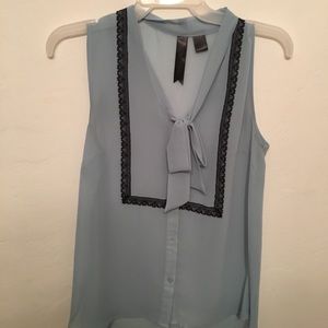 Powder blue sheer tank with black lace and necktie